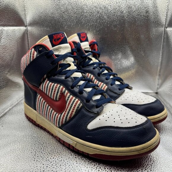 Size 10.5 Nike Dunk High "Independence Day" White Red Navy Athletic Sneakers - Picture 1 of 9